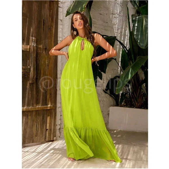 Lime Green Flowy Halter Cutout Maxi Flared Dress Backless Open Back - Picture 3 of 10
